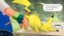 Rule 34 | 1boy, ambiguous gender, anus, ash ketchum, ass, blurry, creatures (company), depth of field, fingerless gloves, food, from behind, game freak, gen 1 pokemon, gloves, goblinblin, green gloves, highres, huge ass, male focus, nintendo, partially visible anus, pikachu, pokemon, pokemon (anime), pokemon (classic anime), pokemon (creature), presenting, self-upload, solo focus, top-down bottom-up, watermark, web address