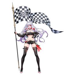 Rule 34 | 1girl, absurdres, artist request, black legwear, black skirt, boots, breasts, flag, full body, game cg, guardian tales, highres, holding, holding flag, large breasts, looking at viewer, midriff, monocle, multicolored hair, navel, official alternate costume, race queen, red eyes, short shorts, shorts, skirt, smile, standing, transparent background, trickster lucy, zipper