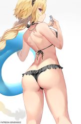 Rule 34 | 1girl, ahoge, ass, bare shoulders, bikini, black bikini, blonde hair, blush, braid, breasts, butt crack, closed mouth, commentary, fate/grand order, fate (series), frilled bikini, frills, from behind, gendo0032, grey background, hairband, highres, holding, holding swim ring, holding whistle, innertube, jeanne d&#039;arc (fate), jeanne d&#039;arc (swimsuit archer) (fate), jeanne d&#039;arc (swimsuit archer) (first ascension) (fate), large breasts, long hair, looking at viewer, looking back, patreon username, purple eyes, shoulder blades, sidelocks, simple background, smile, solo, swim ring, swimsuit, thighhighs, thighs, very long hair, whistle
