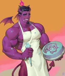 Rule 34 | 1boy, absolum art, apron, baking, bara, black hair, bulge, cake, chest hair, colored skin, cowboy shot, demon boy, demon horns, demon tail, demon wings, food, food on body, food on face, highres, holding, holding cake, holding food, horns, large pectorals, looking at viewer, male focus, muscular, naked apron, nantaimori, nipple slip, nipples, original, pectorals, pink skin, pointy ears, short hair, simple background, smile, solo, tail, thighs, wings