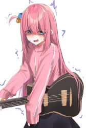 Rule 34 | 1girl, absurdres, black skirt, blue eyes, blush, bocchi the rock!, commentary, cube hair ornament, furrowed brow, gotoh hitori, guitar, hair between eyes, hair ornament, highres, holding, holding instrument, instrument, jacket, long hair, looking at viewer, maru ccy, nervous smile, one side up, open mouth, pink hair, pink jacket, scared, shaded face, sidelocks, simple background, sketch, skirt, smile, solo, standing, straight hair, sweat, trembling, very long hair, white background
