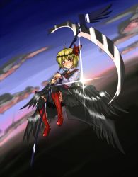 Rule 34 | 1girl, adapted costume, blonde hair, blouse, fang, fang out, hair ribbon, highres, mousoumousoumousou, multiple wings, necktie, ribbon, rumia, scythe, shirt, short hair, touhou, twilight, vest, wings