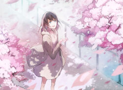 Rule 34 | 1girl, black hair, blue eyes, dress, feet out of frame, flower, highres, looking ahead, open mouth, original, petals, railing, short hair, smile, solo, sunlight, sweater, teeth, touchika, tree, white dress
