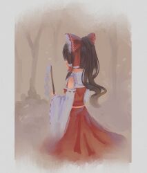 Rule 34 | 1girl, bare shoulders, bare tree, bow, brown hair, bush, commentary, detached sleeves, facing away, frilled bow, frilled hair tubes, frills, from behind, gohei, hair bow, hair tubes, hakurei reimu, hexunart, high ponytail, holding, holding stick, long hair, long sleeves, midriff, outdoors, red bow, red skirt, red vest, sidelocks, skirt, skirt set, solo, stick, touhou, tree, vest, wide sleeves