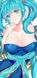 Rule 34 | 1girl, aqua hair, bad id, bad twitter id, bare shoulders, blonde hair, blue hair, breasts, cleavage, heart, heart-shaped pupils, highres, large breasts, league of legends, long hair, low neckline, multicolored hair, queennoo, smile, solo, sona (league of legends), symbol-shaped pupils, twintails, very long hair