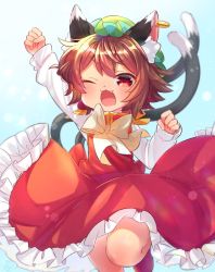 Rule 34 | 1girl, animal ear fluff, animal ears, arm up, blue background, blurry, bokeh, brown hair, cat ears, cat tail, chen, clenched hands, commentary request, cowboy shot, depth of field, dress, earrings, fang, green hat, hat, highres, ibaraki natou, jewelry, long sleeves, looking at viewer, mob cap, multiple tails, one eye closed, open mouth, red dress, red eyes, red footwear, shirt, shoes, short hair, single earring, smile, solo, tail, touhou, two tails, white shirt