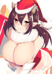 Rule 34 | 1girl, absurdres, alternate costume, azur lane, bare shoulders, breasts, brown eyes, brown hair, christmas, cleavage, closed mouth, commentary request, fur collar, gen (black factory), hair between eyes, hat, highres, horns, huge breasts, looking at viewer, low twintails, medium hair, nagara (azur lane), pointy ears, santa hat, short twintails, sidelocks, smile, solo, twintails