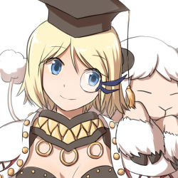 Rule 34 | 1girl, amistr (ragnarok online), armor, blonde hair, blue eyes, breasts, closed mouth, commentary request, genetic (ragnarok online), hat, living clothes, looking to the side, medium breasts, monocle, mortarboard, natsuya (kuttuki), pauldrons, ragnarok online, rimless eyewear, sheep, short hair, shoulder armor, simple background, smile, teeth, upper body, white background