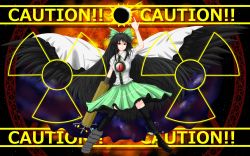 Rule 34 | 1girl, arm cannon, black hair, bow, cape, caution, english text, female focus, hair bow, highres, long hair, radiation symbol, red eyes, reiuji utsuho, skirt, smile, solo, thighhighs, third eye, touhou, weapon, wings