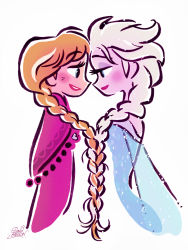 Rule 34 | 2girls, absurdres, anna (frozen), blonde hair, blue eyes, blush, braid, couple, david gilson, elsa (frozen), forehead-to-forehead, frozen (disney), heads together, highres, incest, multiple girls, orange hair, siblings, simple background, sisters, smile, yuri