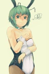 Rule 34 | 1girl, angry, animal ears, antennae, bare arms, bare shoulders, black pantyhose, breasts, collarbone, fake animal ears, green eyes, green hair, leotard, looking at viewer, matching hair/eyes, pantyhose, playboy bunny, rabbit ears, small breasts, solo, squiggle, touhou, wavy mouth, wriggle nightbug, wrist cuffs, yoss 3