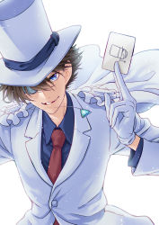 Rule 34 | 1boy, absurdres, blue eyes, blue shirt, brown hair, card, collared shirt, formal, gloves, grin, hat, highres, holding, holding card, jacket, kaitou kid, long sleeves, looking at viewer, magic kaito, male focus, monocle, necktie, red necktie, remsor076, shirt, short hair, simple background, smile, solo, upper body, white background, white gloves, white hat, white jacket, wing collar
