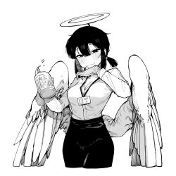 Rule 34 | 1girl, :3, absurdres, alcohol, alvitr (kaiju girls), angel, angel wings, bags under eyes, beer, beer mug, blush, cropped legs, cup, feathered wings, female focus, gloves, greyscale, halo, hatching (texture), high-waist pants, highres, id card, kaiju girls, karasu raven, lanyard, linear hatching, monochrome, mug, pants, second-party source, shirt tucked in, short twintails, solo, twintails, wings