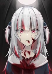 Rule 34 | 1girl, absurdres, blood, blood on clothes, blood on face, blue hair, blue hoodie, blunt bangs, commentary, crying, gawr gura, gawr gura (1st costume), grey hair, hair ornament, highres, hololive, hololive english, hood, hood down, hoodie, jellen aura, long hair, long sleeves, multicolored hair, red eyes, red hair, reflect (gawr gura), shark hair ornament, sharp teeth, sidelocks, solo, streaked hair, streaming tears, tears, teeth, two side up, upper body, virtual youtuber
