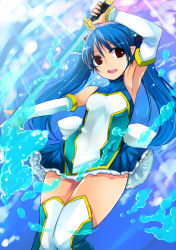 Rule 34 | 1girl, arm up, armpits, blue hair, detached sleeves, gloves, long hair, open mouth, original, pointy ears, red eyes, sawamura hikaru, smile, solo, sword, thighhighs, weapon