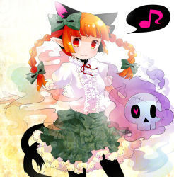 Rule 34 | 1girl, :3, alternate costume, animal ears, bow, braid, cat ears, cat girl, cat tail, female focus, hair bow, heart, highres, kaenbyou rin, moonyan, multiple tails, musical note, pantyhose, pointy ears, red hair, skull, solo, tail, touhou, twin braids