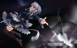 Rule 34 | 1girl, black thighhighs, boots, braid, bridal garter, broken glass, female focus, glass, holding, izayoi sakuya, knife, maid, maid headdress, outstretched arm, red eyes, shin (new), silver hair, solo, thigh strap, thighhighs, touhou, twin braids
