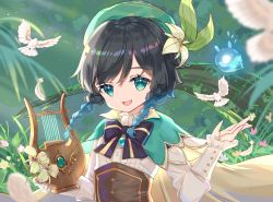 Rule 34 | 1boy, androgynous, beret, binan xian lu, bird, black hair, blue hair, bow, braid, brooch, cape, collared cape, collared shirt, corset, dove, feathers, flower, frilled sleeves, frills, gem, genshin impact, gradient hair, green eyes, green hat, hat, hat flower, highres, holding, holding instrument, instrument, jewelry, leaf, long sleeves, looking at viewer, lyre, male focus, multicolored hair, open mouth, seelie (genshin impact), shirt, short hair with long locks, smile, solo, tree, twin braids, venti (genshin impact), white flower, white shirt