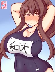 Rule 34 | 1girl, alternate costume, arms behind head, artist logo, blue background, blue one-piece swimsuit, blush, breasts, brown eyes, brown hair, cleavage, collarbone, covered navel, cowboy shot, dated, gradient background, kanon (kurogane knights), kantai collection, large breasts, long hair, name tag, old school swimsuit, one-hour drawing challenge, one-piece swimsuit, ponytail, school swimsuit, solo, sweater, swimsuit, yamato (kancolle)