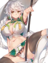 Rule 34 | 10s, 1girl, arm at side, arm support, armpits, asymmetrical hair, bad id, bad twitter id, bare shoulders, braid, breasts, brown thighhighs, cleavage cutout, clothing cutout, cloud, cloud print, cloudy sky, crop top, flight deck, hair ornament, jitome, kantai collection, knee up, large breasts, long hair, midriff, navel, panties, pokoten (pokoten718), silver hair, single braid, sitting, sky, solo, staff, thighhighs, underwear, unryuu (kancolle), very long hair, wavy hair, yellow eyes