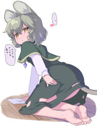 Rule 34 | 1girl, anger vein, animal ears, barefoot, blush, capelet, dress, grey capelet, grey dress, grey hair, hair between eyes, highres, jewelry, long sleeves, looking at viewer, looking back, mouse ears, mouse tail, nazrin, orange eyes, parted lips, pendant, puuakachan, rag, short hair, soles, solo, speech bubble, tail, toes, touhou, translation request