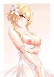 Rule 34 | 1girl, arm under breasts, babydoll, bare shoulders, blush, border, breasts, breasts out, closed mouth, collarbone, cowboy shot, flower, genshin impact, groin, hair flower, hair ornament, highres, large breasts, looking at viewer, lumine (genshin impact), nipples, no panties, outside border, pink background, pink flower, sebu illust, short hair with long locks, sidelocks, signature, simple background, solo, strap slip, white border, yellow eyes