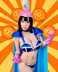 Rule 34 | 1girl, black hair, breasts, brown eyes, chi-chi (dragon ball), chi-chi (dragon ball) (cosplay), clothes, cosplay, dragon ball, elbow gloves, female focus, gloves, highres, large breasts, looking at viewer, model, pink gloves, shibuya kaho, simple background, solo