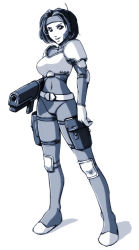 Rule 34 | 1girl, armor, breasts, commentary, covered navel, daniel fielding, elbow pads, full body, greyscale, gun, headgear, knee pads, medium breasts, monochrome, original, pouch, shoulder armor, signature, solo, weapon, x-com