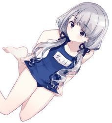 Rule 34 | 1girl, adjusting clothes, blue one-piece swimsuit, blush, braid, braided bangs, brown eyes, closed mouth, collarbone, from above, grey hair, highres, hisakawa nagi, idolmaster, idolmaster cinderella girls, kneeling, long hair, low twintails, migolu, name tag, one-piece swimsuit, school swimsuit, simple background, solo, swimsuit, thighs, twintails, very long hair, white background