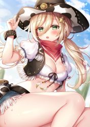 Rule 34 | 1girl, animal print, arm up, bandana, belt, black belt, black hat, black vest, blue shorts, blue sky, blush, breasts, cleavage, cloud, cloudy sky, commentary request, cow print, cowboy, cowboy hat, cowboy western, crop top, day, feet out of frame, fringe trim, green eyes, hair between eyes, hand on headwear, hat, light brown hair, long hair, looking at viewer, low twintails, medium breasts, mitsuba choco, open clothes, open mouth, open vest, original, outdoors, puffy short sleeves, puffy sleeves, red bandana, sheriff badge, short shorts, short sleeves, shorts, sky, solo, thighs, twintails, very long hair, vest, western