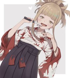 Rule 34 | 1girl, :d, black hakama, blood, blood splatter, blush, boku no hero academia, boxcutter, brown eyes, brown hair, commentary request, fangs, grey background, hakama, hakama skirt, hands up, heart, highres, holding, japanese clothes, kimono, long hair, long sleeves, looking at viewer, nail polish, open mouth, print kimono, red nails, sidelocks, skirt, smile, solo, toga himiko, totatokeke, two-tone background, white background, white kimono, wide sleeves