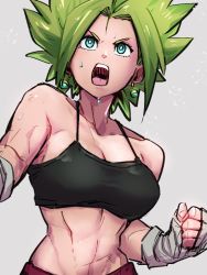 Rule 34 | 1girl, blue eyes, clenched hand, dragon ball, dragon ball super, earrings, green hair, grey background, jewelry, kefla (dragon ball), kemachiku, midriff, muscular, muscular female, navel, open mouth, potara earrings, short hair, simple background, solo, teeth, upper teeth only