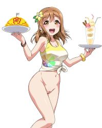 Rule 34 | 10s, 1girl, :d, bikini, blush, bracelet, breasts, brown eyes, brown hair, cleavage, commentary request, earrings, flower, food, hair flower, hair ornament, highres, holding, holding plate, jewelry, kunikida hanamaru, large breasts, love live!, love live! school idol festival, love live! sunshine!!, navel, nude filter, omelet, open mouth, parfait, plate, pussy, scrunchie, shirt, side-tie bikini bottom, simple background, smile, solo, swimsuit, tank top, third-party edit, tied shirt, uncensored, white background, wrist scrunchie, yopparai oni