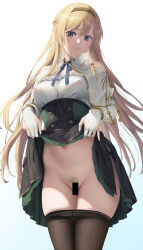 Rule 34 | 1girl, atelier (series), atelier ryza, atelier ryza 1, bar censor, bare shoulders, black pantyhose, black skirt, blue ribbon, braid, breasts, censored, closed mouth, clothes lift, clothes pull, covered erect nipples, detached collar, detached sleeves, elbow gloves, female pubic hair, french braid, gloves, green eyes, green skirt, hairband, high-waist skirt, highres, jeneral, klaudia valentz, lifting own clothes, long hair, looking at viewer, medium breasts, mixed-language commentary, navel, neck ribbon, panties, panties under pantyhose, panty pull, pantyhose, pantyhose pull, partially fingerless gloves, pubic hair, pussy, pussy juice, ribbon, side braid, simple background, skirt, skirt lift, solo, two-tone skirt, underwear, white gloves, white sleeves