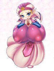 Rule 34 | 1girl, blonde hair, blue eyes, blush, breasts, covered erect nipples, dress, female focus, gigantic breasts, gradient background, hat, highres, huge breasts, jewelry, kyosuke fujiwara, long sleeves, necklace, nintendo, open mouth, oppai loli, pink dress, pointy ears, princess zelda, shiny clothes, short hair, smile, solo, tabard, the legend of zelda, the legend of zelda: ocarina of time, triforce, young zelda