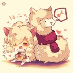 Rule 34 | 10s, 1girl, :d, alpaca, alpaca ears, alpaca suri (kemono friends), alpaca tail, animal, animal ears, blush, brown coat, chibi, closed eyes, coat, cup, eighth note, fur-trimmed coat, fur-trimmed sleeves, fur trim, hair over one eye, heart, holding, holding cup, japari symbol, kemono friends, long sleeves, musical note, muuran, no shoes, open mouth, pantyhose, red scarf, scarf, signature, sitting, smile, solo, spoken musical note, tail, translation request, white hair, white pantyhose