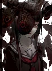 Rule 34 | 1girl, bad id, bad pixiv id, black hair, blunt bangs, bug, butterfly, closed mouth, collarbone, enma ai, highres, hime cut, insect, jigoku shoujo, long hair, looking at viewer, neckerchief, piza rokumai, red eyes, red lips, red neckerchief, sailor collar, school uniform, serafuku, solo, straight hair, upper body, white background, white sailor collar