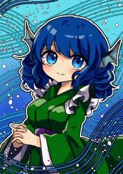 Rule 34 | 1girl, blue eyes, blue hair, blush, closed mouth, fins, green kimono, head fins, highres, japanese clothes, key747h, kimono, long sleeves, obi, one-hour drawing challenge, sash, short hair, smile, solo, touhou, upper body, wakasagihime, wide sleeves