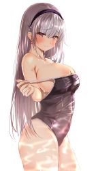 Rule 34 | 1girl, absurdres, azur lane, bare shoulders, black one-piece swimsuit, blush, breasts, closed mouth, clothes pull, collarbone, dido (azur lane), earrings, feet out of frame, from side, grey hair, hairband, heart, heart earrings, highres, jewelry, large breasts, long hair, looking at viewer, looking to the side, nail polish, one-piece swimsuit, one-piece swimsuit pull, pulling own clothes, purple eyes, raru (nanaharararu), school swimsuit, sideboob, simple background, smile, solo, standing, strap pull, swimsuit, very long hair, wet, wet clothes, wet swimsuit, white background
