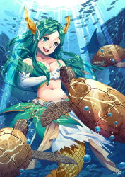 Rule 34 | 1girl, :d, air bubble, alsea, aqua eyes, aqua hair, bare shoulders, breasts, bubble, commentary request, fantasy, gloves, hestia (sdorica), horns, long hair, medium breasts, mermaid, monster girl, navel, open mouth, revision, school of fish, sdorica, smile, sunlight, turtle, underwater, very long hair, white gloves
