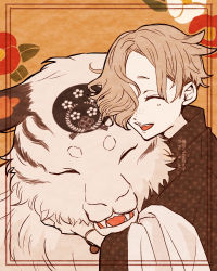 Rule 34 | 1boy, 2022, ^ ^, animal, blonde hair, border, bracelet, brown background, chinese zodiac, closed eyes, closed mouth, clothed animal, eyelashes, closed eyes, facing viewer, fangs, floral background, freckles, gokotai, gokotai&#039;s tigers, hair over one eye, happy, hug, japanese clothes, jewelry, kimono, light smile, long sleeves, male focus, new year, one eye covered, open mouth, polka dot, shawl, tiger, touken ranbu, unmoving pattern, upper body, white tiger, year of the tiger, yuuki (yukko7474)