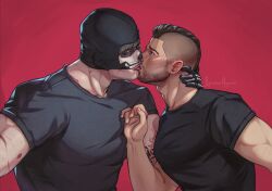 Rule 34 | 2boys, arm tattoo, artist name, bara, black hair, black shirt, blue eyes, call of duty, call of duty: modern warfare 2, closed eyes, couple, facepaint, french kiss, ghost (modern warfare 2), highres, kiss, large pectorals, looking at another, male focus, mask, mask lift, multiple boys, muscular, muscular male, pectorals, semainsargevan, shirt, short hair, skull mask, soap (modern warfare 2), tattoo, tongue, tongue out, upper body, yaoi