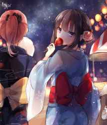 Rule 34 | 10s, 2girls, alternate hairstyle, artist name, bow, candy apple, cotton candy, festival, flower, food, from behind, hair flower, hair ornament, highres, japanese clothes, jpeg artifacts, kantai collection, kimono, kitakami (kancolle), looking at viewer, looking back, multiple girls, one-hour drawing challenge, ooi (kancolle), ponytail, purple eyes, signature, sketch, summer festival, toosaka asagi, yukata