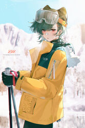 Rule 34 | 1girl, absurdres, asymmetrical bangs, blush, chinese commentary, cowboy shot, gloves, goggles, goggles on head, green hair, hat, highres, holding, holding ski pole, jacket, looking at viewer, orange jacket, original, outdoors, parted lips, red eyes, ski pole, solo, swept bangs, weibo logo, weibo watermark, winter clothes, z3zz4