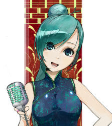 Rule 34 | 1girl, alternate costume, alternate hairstyle, aqua eyes, aqua hair, breasts, carlos toshiki, china dress, chinese clothes, dress, face, female focus, hatsune miku, head tilt, microphone, open mouth, solo, spring onion, vocaloid, white background