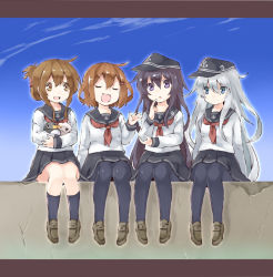 Rule 34 | &gt;:d, &gt;:o, 10s, 4girls, :d, :o, akagashi hagane, akatsuki (kancolle), bird, black legwear, black skirt, blue eyes, blue sky, brown eyes, brown hair, cloud, day, failure penguin, fang, finger to mouth, flat cap, folded ponytail, hair ornament, hairclip, hat, hibiki (kancolle), holding elbow, ikazuchi (kancolle), inazuma (kancolle), kantai collection, knees together feet apart, letterboxed, loafers, long hair, long sleeves, miss cloud, multiple girls, open mouth, pantyhose, penguin, pleated skirt, purple eyes, purple hair, sailor hat, school uniform, serafuku, shoes, short hair, silver hair, sitting, skirt, sky, smile, v-shaped eyebrows
