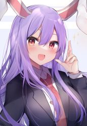 Rule 34 | 1girl, :d, animal ears, black jacket, blazer, blue background, blush, breasts, carrot pin, collared shirt, commentary request, fingernails, hair between eyes, highres, jacket, karasusou nano, long hair, long sleeves, looking at viewer, medium breasts, necktie, open mouth, purple hair, rabbit ears, red eyes, red necktie, reisen udongein inaba, shirt, simple background, skirt, smile, solo, sparkle, striped, striped background, suit jacket, touhou, upper body, wing collar