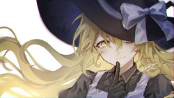 Rule 34 | 1girl, alternate color, black gloves, black hat, black shirt, blonde hair, bow, braid, closed mouth, commentary, gloves, grey bow, grey vest, hair between eyes, hand up, hat, hat bow, highres, index finger raised, kirisame marisa, long hair, looking at viewer, one eye closed, rokuya (68 zusao), shirt, signature, simple background, single braid, solo, symbol-only commentary, touhou, upper body, vest, white background, witch hat, yellow eyes
