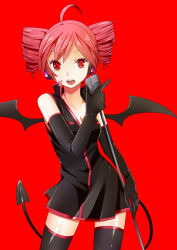 Rule 34 | 1girl, ahoge, bat wings, demon tail, dress, drill hair, elbow gloves, gloves, kasane teto, looking at viewer, microphone, microphone stand, open mouth, pink hair, red background, red eyes, short dress, short hair, simple background, solo, star-shaped pupils, star (symbol), symbol-shaped pupils, tail, thighhighs, toudou charo, tr, twin drills, twintails, utau, wings, zettai ryouiki