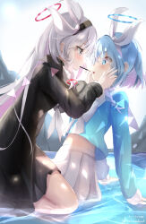 Rule 34 | 2girls, plana (blue archive), arona (blue archive), black hairband, black jacket, blue archive, blue eyes, blue hair, blue shirt, blush, bow, braid, commentary request, eye contact, food, grey eyes, grey hair, hair ribbon, hairband, halo, highres, jacket, long sleeves, looking at another, multicolored hair, multiple girls, natuna natu, neckerchief, open clothes, open jacket, pink hair, pixiv id, pleated skirt, pocky, pocky kiss, profile, puffy long sleeves, puffy sleeves, ribbon, sailor collar, shallow water, shared food, shirt, single braid, skirt, sleeves past wrists, twitter username, two-tone hair, water, white bow, white hairband, white neckerchief, white ribbon, white sailor collar, white skirt, yuri